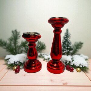 Pair of Red Glass Pillar Candle Holders Christmas Holiday Decor